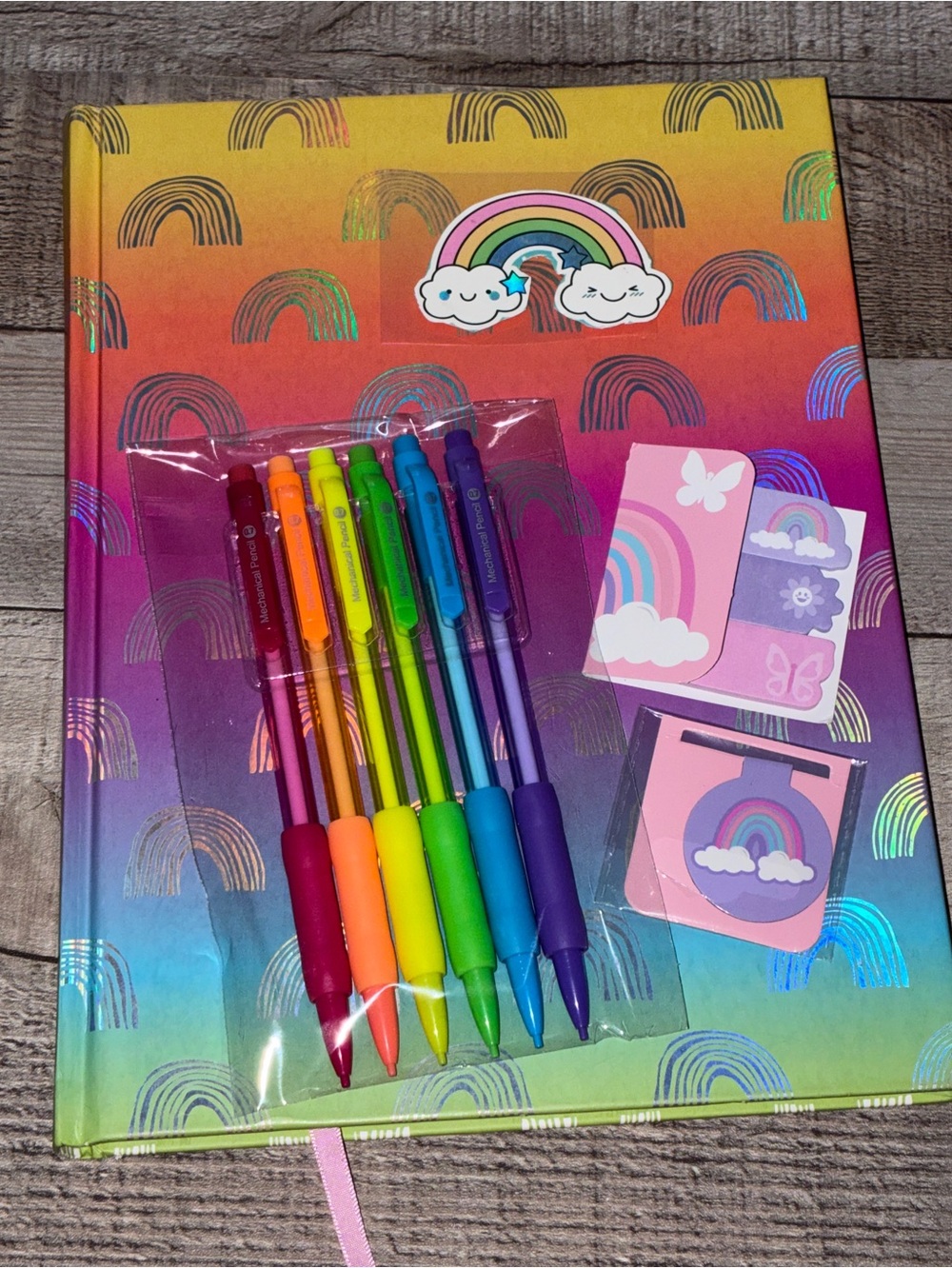 Jumbo Size Rainbow Journal Book w/Pencils Sticky Notes & Bookmark